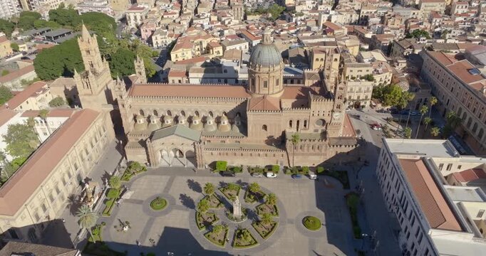 Aerial view of Palermo Cathedral. It is the cathedral church of the Roman Catholic Archdiocese of Palermo, located in Sicily, southern Italy. It is dedicated to the Assumption of the Virgin Mary.