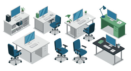 Obraz premium Modern office desk and chair set in isometric view featuring contemporary workstations