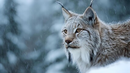 A lynx in a snowy forest, close-up of its face with frost on the fur as snow falls. Concept Lynx close-up, Snowy forest, Frost on fur, Winter wildlife portrait, Snowfall atmosphere