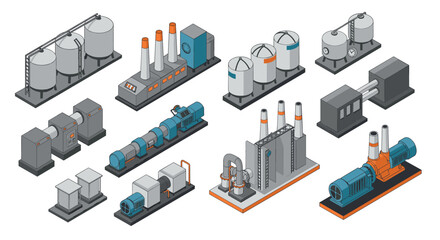 Fototapeta premium Isometric industrial elements collection featuring factories and equipment