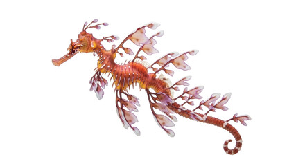 Isolated leafy seadragon swimming underwater, unique marine life, sea dragon camouflage, colorful fish