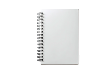 Top-down shot of a blank white spiral-bound notebook against a solid black background