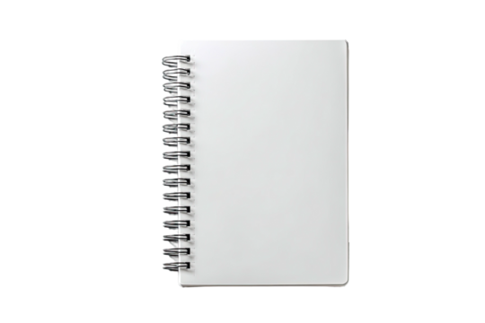 Top-down shot of a blank white spiral-bound notebook against a solid black background