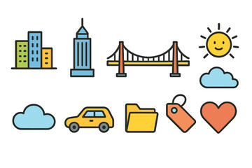 Naklejka premium Travel icon set. Flat icons for vacation, transportation, and city exploration