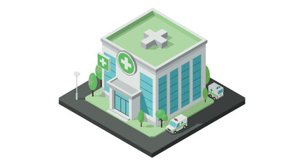 Modern isometric hospital building with ambulances and green landscape