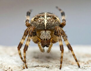 Close-up view of a spider Araneus diadematus displaying detailed features and structure on a flat surface