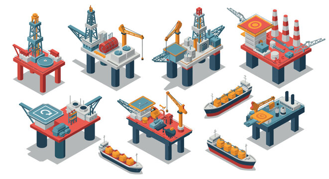 Isometric offshore oil rigs and tankers in industrial maritime scene