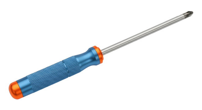 Isolated Phillips head screwdriver tool with knurled blue handle on seamless surface