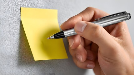 Close-up of Hand Writing on Blank Yellow Sticky Note with Pen for Quick Idea or Reminder