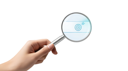 Hand holding magnifying glass over target isolated on transparent background