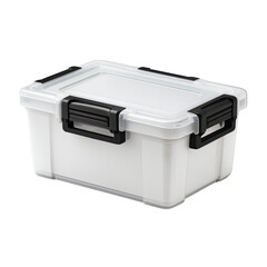 A small, rectangular, translucent plastic storage container with a black latching mechanism on a black background