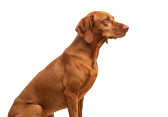 Isolated alert Vizsla breed sitting and looking at something off frame, against simplicity