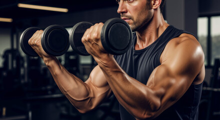 Muscular Caucasian man performing bicep curls with dumbbells in gym. Fitness and strength training concept