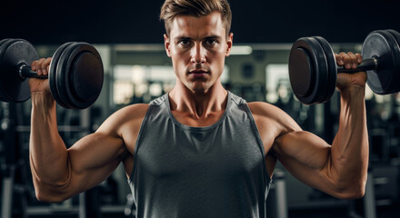 Muscular caucasian man holding dumbbells in a gym with a focused expression. Represents strength training and fitness motivation.