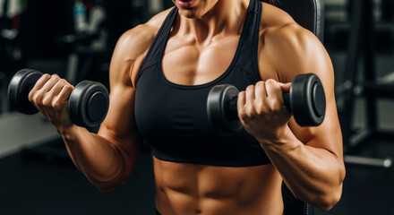 Muscular caucasian woman performing bicep curls with dumbbells in a gym. Fitness and strength training lifestyle
