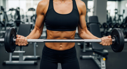 Muscular caucasian woman performing bicep curl with barbell in modern gym. Fitness and strength training lifestyle.