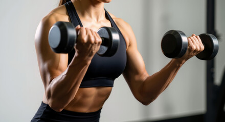 Woman in black sports bra lifting dumbbells in gym. Fitness and healthy lifestyle promotion