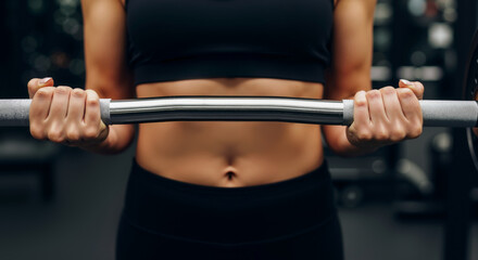 Woman in athletic wear holding barbell during strength training in gym. Fitness and healthy lifestyle motivation