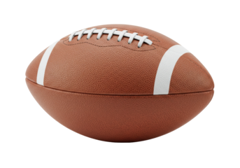 Isolated American football for sports with leather texture, white stripes and laces for play