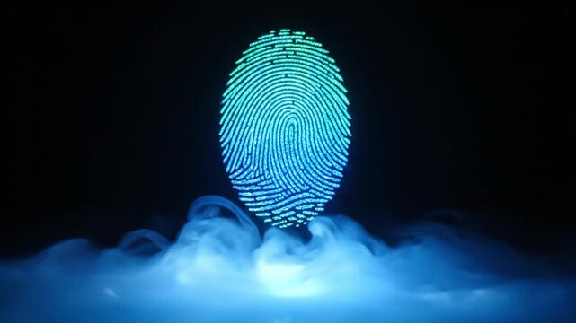 Digital fingerprint technology showcases security and identification through blue abstract background, enhanced by glowing smoke, representing biometric innovation and modernity
