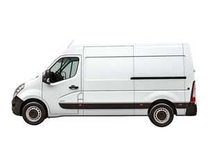 Side view of a white commercial van, isolated against a transparent background, showing details