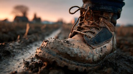 Low-angle, documentary-style shot of a farmer's boots in a muddy field at dawn. The imagery symbolizes the hard work and dedication of agriculture.