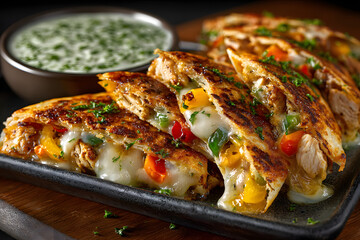 Toasted quesadilla wedges stuffed with gooey cheese, chicken, and vegetables, plated on a rectangular dish alongside a creamy herb-infused dip.