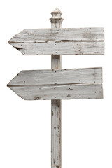 Two weathered, directional wooden signs with pointed arrows against a solid black background