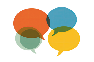 Four overlapping speech bubbles in vibrant colors on a black background