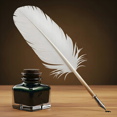 Elegant Feather Quill Pen and Ink Bottle on Wooden Desk