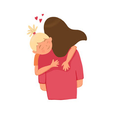 Cute illustration of mother and daughter hugging with love. Flat style family concept showing tenderness, care and connection. Perfect for Mother’s Day, parenting, family and children themes.