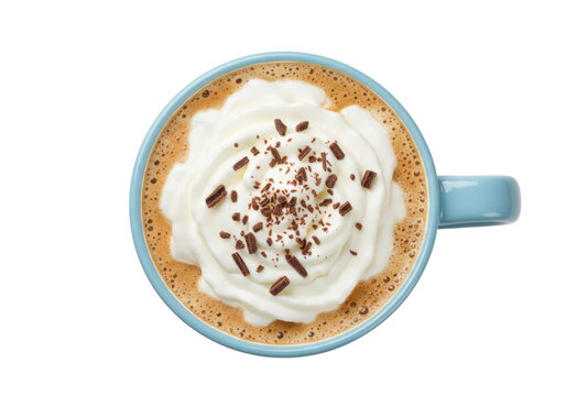 Isolated overhead shot of a light blue ceramic mug filled with mocha and whipped cream
