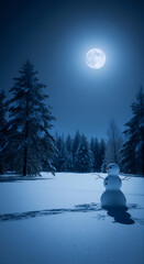 Winter night scene with snowman in snowy forest under bright full moon, serene landscape, vertical banner with copy space