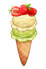 Ice cream cone with two scoop and strawberry filling in cartoon style, yellow and green balls in waffle isolated on white background, Sweet summer dessert illustration from constructor set for design
