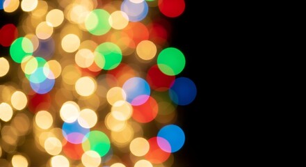 Colorful bokeh lights abstract background, festive illumination, banner with copy space.
