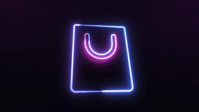 Vibrant neon shopping bag icon in purple and pink hues symbolizes modern retail and online shopping, creating exciting and engaging experience for all shoppers