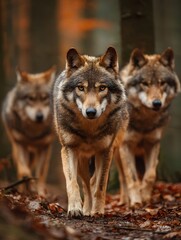 A pack of stealthy wolves with alert senses moves through a dense forest during autumn showcasing their wild nature and detailed fur textures