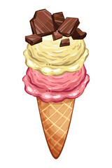 Ice cream cone with three scoop and chocolate filling in cartoon style, yellow and pink balls in waffle isolated on white background, Sweet summer dessert illustration from constructor set for design