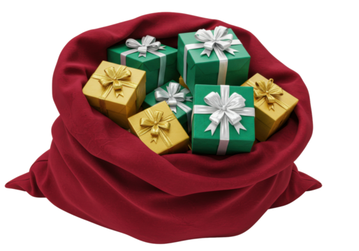 Isolated Santa bag full of Christmas presents gift wrapped in gold and green with silver ribbon