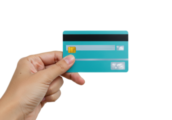 Isolated hand holds a credit card for contactless payment, banking, shopping and finance