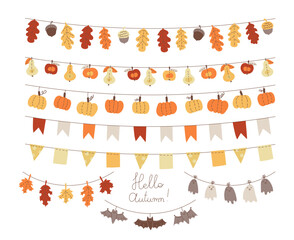 Festive kit with hello autumn garlands with bunting flags, colorful leaves, harvest fruits