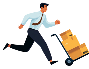 Animated person in formal attire urgently pushing a cart full of cardboard boxes on black backdrop