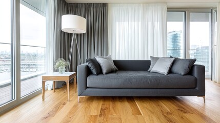 Modern living room interior with sofa hardwood floor and large windows