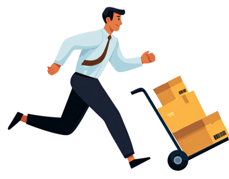 Animated person in formal attire urgently pushing a cart full of cardboard boxes on black backdrop
