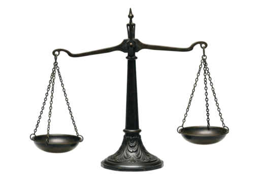 Isolated justice scale, antique scales of justice, legal, law scales on white background