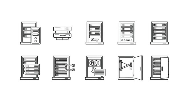 Collection of server rack icons isolated on white background for technology
