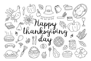 Happy thanksgiving day black-and-white doodles autumn holiday festive hand drawn composition