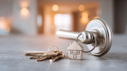 Door handle with keys and house shaped keychain on a blurred background
