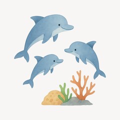 Fototapeta premium Playful dolphins in ocean illustration.