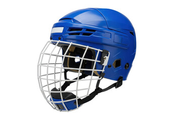 Isolated blue hockey helmet with face cage, sport protective gear for players safety